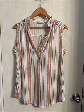 PerSeption Concept Rust, Blue & Cream Striped Sleeveless V-Neck Camisole
